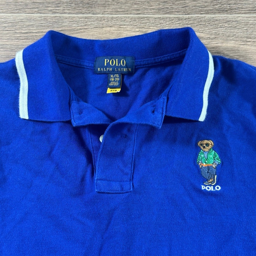 Polo Ralph Lauren Boys Polo Bear Embroidered Pique Polo Blue XL 18/20 Preppy